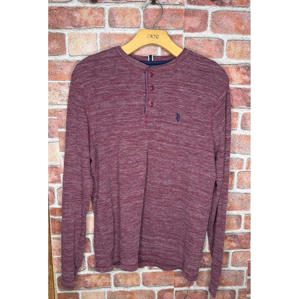 US Polo Assn Mens Medium Henley Shirt Long Sleeve Heathered Burgundy Red Logo